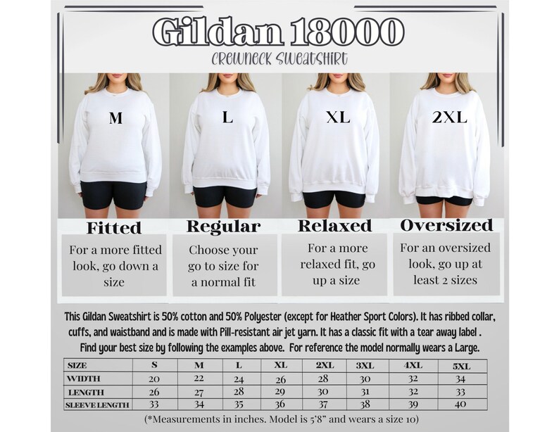 May include: A size chart for Gildan 18000 crewneck sweatshirts. The chart shows the measurements in inches for different sizes, from S to 5XL. The chart also includes information about the fit of the sweatshirt, such as fitted, regular, relaxed, and oversized.
