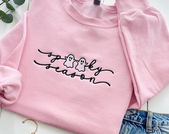 Spooky Season Embroidered Sweatshirt, Ghost Crewneck For Halloween