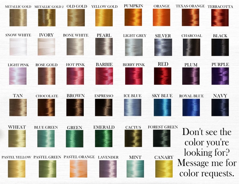 May include: A color chart with 48 different embroidery floss colors. The colors are arranged in rows and columns, with the names of each color printed below each sample. The chart includes colors like metallic gold, ivory, light pink, tan, wheat, pastel yellow, and many more.