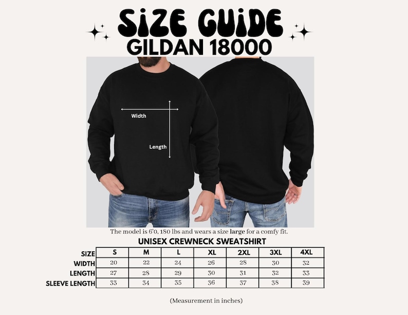 May include: Size chart for Gildan 18000 unisex crewneck sweatshirts. The chart shows measurements in inches for width, length, and sleeve length for sizes S through 4XL.