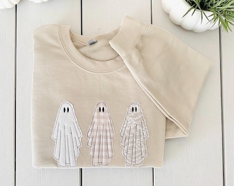 Embroidered Ghost Sweatshirt, Cute Halloween Crewneck, Applique Sweatshirt