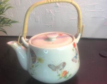 Vintage Tea Kettle TAKAHASHI San Francisco Tea pot 1970’s Hand Painted with Wicker handle “DEW”