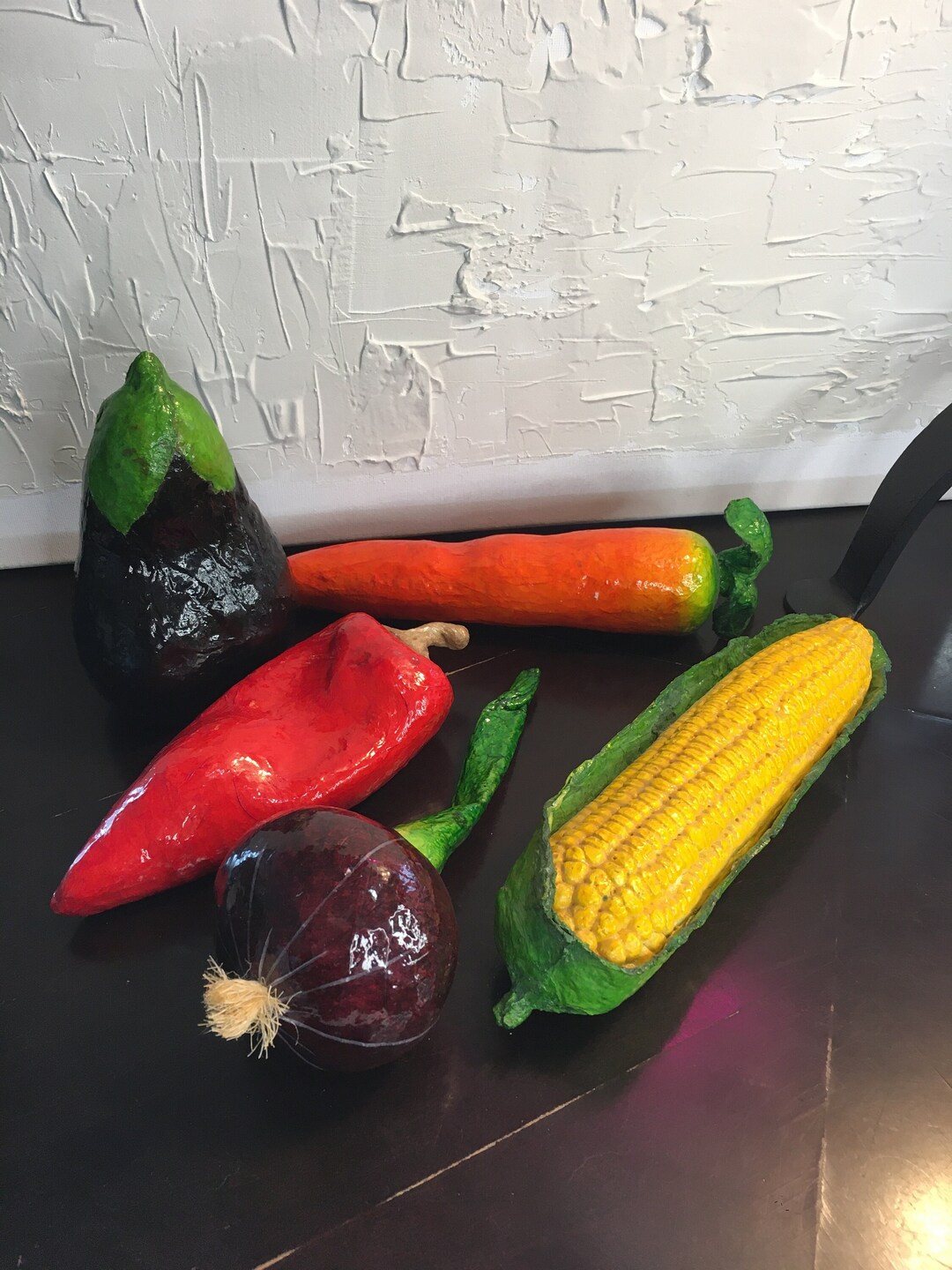 Paper Mache Vegetables 5 Piece Set of Vintage Handmade Painted Mexican Folk Art Veggies