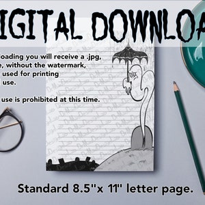 May include: A printable digital download of a lined writing paper featuring a ghost holding an umbrella and standing on a tombstone. The paper is 8.5 inches by 11 inches and is suitable for personal use only. Commercial use is prohibited.