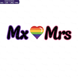 mx en mevrouw svg, clip art mx en mevrouw, hou van svg, niet-binair, trots svg, regenboog hart svg, lgbtq bruiloft svg, Valentijn svg, silhouet
