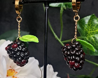 Handmade Polymer Clay Blackberry Dangle Earrings with Leaf Accent