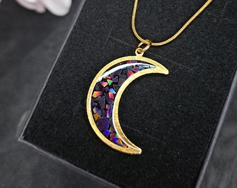 Black Holographic Moon Necklace: Celestial Witchy Pendant