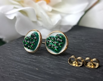 Green Heart Stud Earrings – Polymer Clay, Resin, Rhinestones – St. Patrick’s Day Jewelry