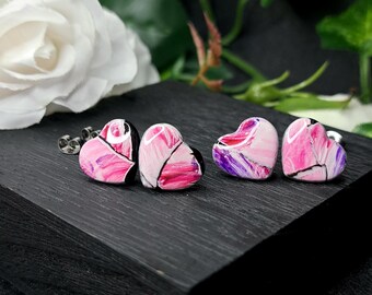 Romantic Watercolor Technique Heart Stud Earrings – Polymer Clay Statement Jewelry