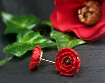 Red Poppy Bloom Stud Earrings | Handmade Polymer Clay Flowers