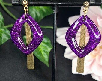 Purple Sparkling Glitter Polymer Clay Earrings with Gold Accent | Resin Dangle Earrings