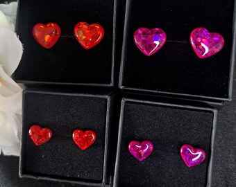 Red or Fuchsia Heart Earrings / Holographic Polymer Clay and Resin Studs, Stainless Steel