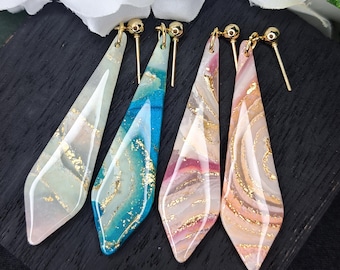 Handmade Teardrop Earrings with Gold Flakes – Polymer Clay Dangle Jewelry – Agate inspired Colors