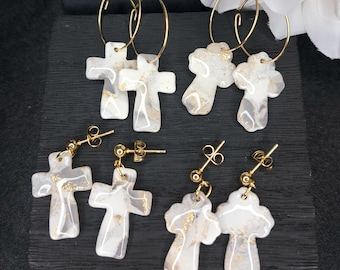 Marble & Gold Polymer Clay Earrings – Cross – Easter Jewelry – Handmade Lightweight Gift