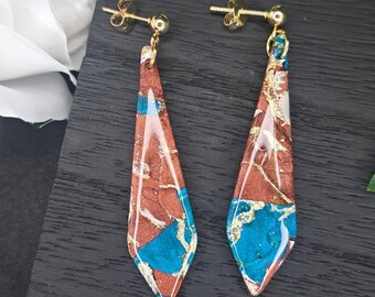 Golden Hour Dangles · Sparkly Marbled Clay Earrings · Bronze Prism Drop Earrings · Handmade Geometric Jewelry