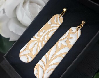 Sand White Floral Oblong Earrings – Lightweight Polymer Clay Dangles, Gold Plated Studs