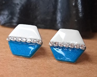 Hexagon Resin Earrings – White & Blue Polymer Clay Studs, Crystal Accent, Geometric Handmade Jewelry