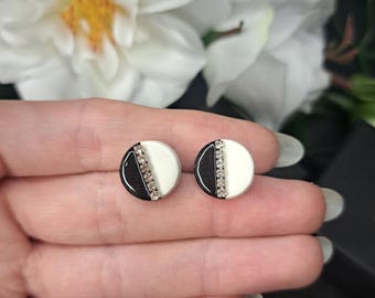 Handmade Black & White Rhinestone Stud Earrings: Polymer Clay Jewelry