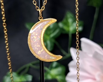 Opal Moon Necklace – Translucent Lunar Pendant on Gold Chain | Celestial Jewelry Gift