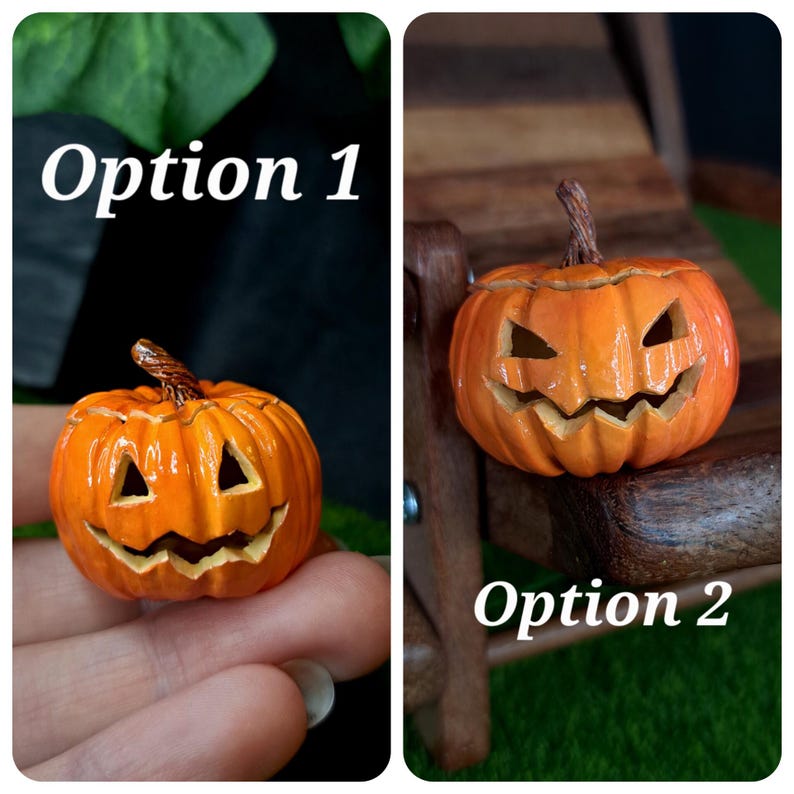 May include: Two miniature orange jack-o'-lantern pumpkins with carved triangular eyes and jagged mouths. Option 1 shows a pumpkin with a brown stem, while Option 2 displays a similar pumpkin with a slightly different carved expression and stem.