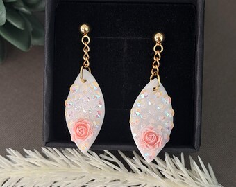 White Dangle Earrings with Iridiscent Rhinestones & Mini Rose – Handmade Statement Jewelry