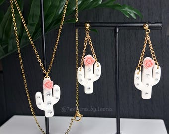 Handmade White Cactus Jewelry Set: Polymer Clay Necklace and Earrings
