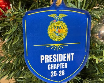 Licensed Custom FFA Ornament with Name Chapter and Year Shield Design on Acrylic