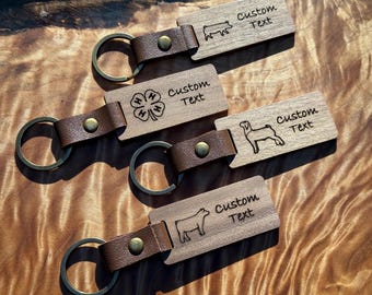 Customizable Walnut Farm Animal Keychain: Engraved Livestock & 4H Clover