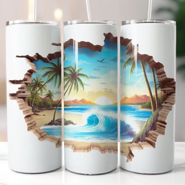 3D Beach Summer Hole 20 oz Skinny Tumbler Sublimation Design, 3D Straight Tapered Tumbler Wrap, Instant PNG Digital Download