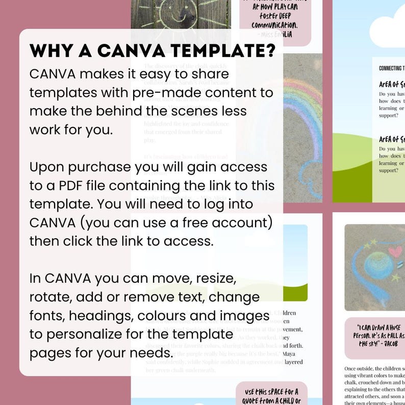 Peut inclure: Un mod&egrave;le Canva rose et vert avec du texte qui dit "Pourquoi un mod&egrave;le Canva ?" Canva permet de partager facilement des mod&egrave;les avec du contenu pr&eacute;-con&ccedil;u pour rendre le travail en coulisses moins fastidieux. &Agrave; l'achat, vous aurez acc&egrave;s &agrave; un fichier PDF contenant le lien vers ce mod&egrave;le. Vous devrez vous connecter &agrave; Canva (vous pouvez utiliser un compte gratuit) puis cliquer sur le lien pour y acc&eacute;der. Dans Canva, vous pouvez d&eacute;placer, redimensionner, faire pivoter, ajouter ou supprimer du texte, modifier les polices, les titres, les couleurs et les images pour personnaliser les pages du mod&egrave;le en fonction de vos besoins.