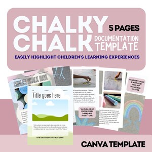 Peut inclure: Un mod&egrave;le Canva rose et blanc pour documenter les exp&eacute;riences d'apprentissage des enfants. Le mod&egrave;le comprend cinq pages avec le titre "Chalky Chalk Day!" et le texte "Miss Emily, pouvons-nous laisser ces dessins &agrave; la craie ici pour toujours ? - Lucas".