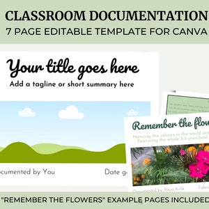 Pode incluir: Modelo de documentação de sala de aula para Canva, com uma página de título que apresenta uma paisagem verde e o texto "Seu título aqui" e "Adicione um slogan ou um breve resumo aqui". O modelo é para uma turma de pré-escola de 3 a 5 anos e inclui o texto "Lembre-se das flores" e "Observando as cores do mundo ao nosso redor".