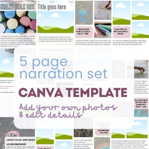 Peut inclure: Un mod&egrave;le Canva pour un ensemble de narration de 5 pages sur le th&egrave;me de la craie color&eacute;e. Le mod&egrave;le comprend une page de titre, une page pour pr&eacute;senter l'&eacute;v&eacute;nement, une page pour d&eacute;crire l'activit&eacute;, une page pour r&eacute;fl&eacute;chir &agrave; l'activit&eacute; et une page pour &eacute;tablir des liens avec les cadres d'apprentissage pr&eacute;coce. Le mod&egrave;le est con&ccedil;u pour &ecirc;tre utilis&eacute; avec des photos et peut &ecirc;tre modifi&eacute; pour r&eacute;pondre aux besoins de l'utilisateur.