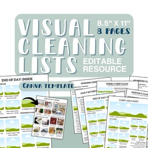 Puede incluir: Un conjunto de listas de limpieza imprimibles con el título "VISUAL CLEANING LISTS" en letras blancas grandes. Las listas miden 21,6 cm x 27,9 cm y tienen 8 páginas. Las listas incluyen "End of Day: Inside", "Morning Open" y "Weekly Deep Clean".