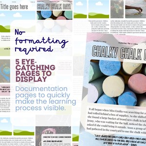 Peut inclure: Une image color&eacute;e avec le texte "Chalky Chalk Day!" et un gros plan sur un seau de craie color&eacute;e. Le texte "5 Eye-Catching Pages to Display" est &eacute;galement visible. L'image est sur des pages de documentation pour rendre le processus d'apprentissage visible rapidement.
