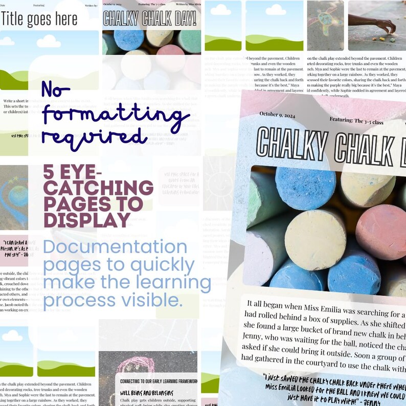 Peut inclure: Une image color&eacute;e avec le texte "Chalky Chalk Day!" et un gros plan sur un seau de craie color&eacute;e. Le texte "5 Eye-Catching Pages to Display" est &eacute;galement visible. L'image est sur des pages de documentation pour rendre le processus d'apprentissage visible rapidement.
