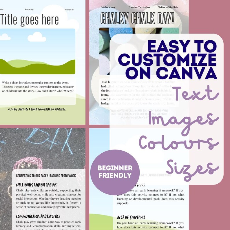 Peut inclure: Un fond rose et violet avec le texte "Facile &agrave; personnaliser sur Canva" en blanc. Sous le texte, les mots "Texte, Images, Couleurs, Tailles" en blanc avec un contour violet. Le texte "D&eacute;butant amical" est dans un cercle blanc avec un contour violet. Le texte "Journ&eacute;e de la craie crayeuse !" est en blanc avec un contour noir sur un fond bleu et vert.