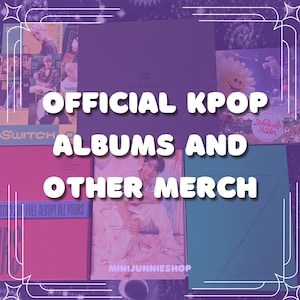 May include: A collection of K-pop music albums and merchandise featuring various colorful covers, including a pink album labeled All Yours, a blue album, and a purple box with The Boyz logo, all arranged together with the text MiniJunniesShop.