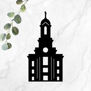 May include: Black silhouette of a church building with a steeple and a statue on top. The church has a large round window and multiple smaller windows.