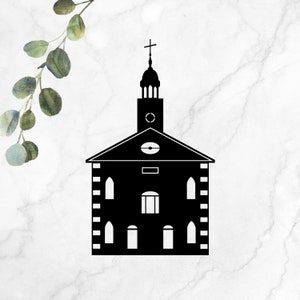 May include: Black silhouette of a church building with a steeple and cross on top. The church has a rectangular shape with windows and a door.