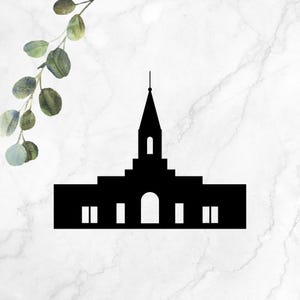 May include: Black silhouette of a church building with a tall steeple and multiple windows.