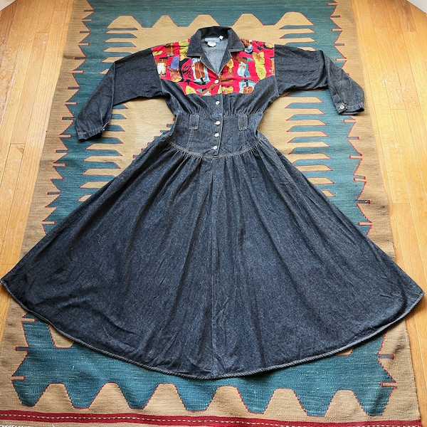 Vintage Western Carol Anderson Denim Dress Women's MEDIUM 1980's