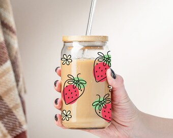 Strawberry and Flowers Cute Glass Can Tumbler, Aesthetic Coffee Glass with lid and straw, Strawberry Gift, Summer Iced Coffee Glass Cup