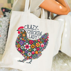 Crazy Chicken Lady Gifts Colorful Floral Chickens Tote Bag, Cute Chicks, Chicken Lover, Cute Animal Tote, Aesthetic Bag, Casual Canvas Tote