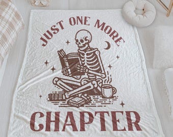 Velveteen Plush Blanket, Funny Skeleton Just One More Chapter Throw Blanket, Reading Book Lover Gift, Cozy Home Decor, Halloween Blanket