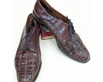 Vintage Sesto Meucci Womens Oxford Chaussures Plates Cuir Marron Tissé Italie 10,5 M