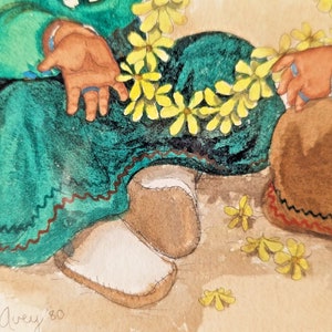 Linda Avey Original Navajo Girls Flower Floral Framed Watercolor Painting 1980 image 9