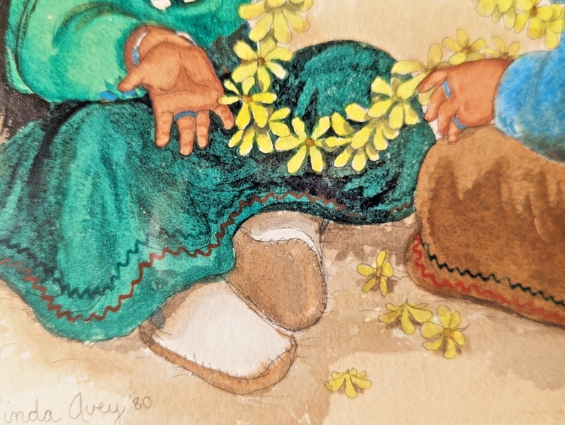 Linda Avey Original Navajo Girls Flower Floral Framed Watercolor Painting 1980 image 9