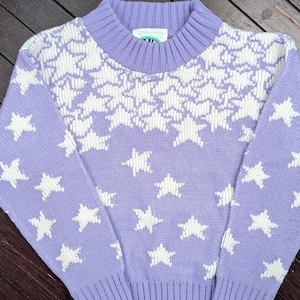 Vintage 80s 90s Spring Creek Purple Girls Star Acrylic Knit Sweatshirt Size 7/8