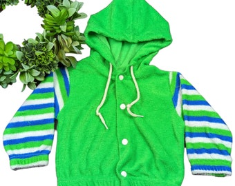Vintage Kids Girls Boys Striped Neon Green Blue Terry Cloth Jacket Hoodie Sz 12m